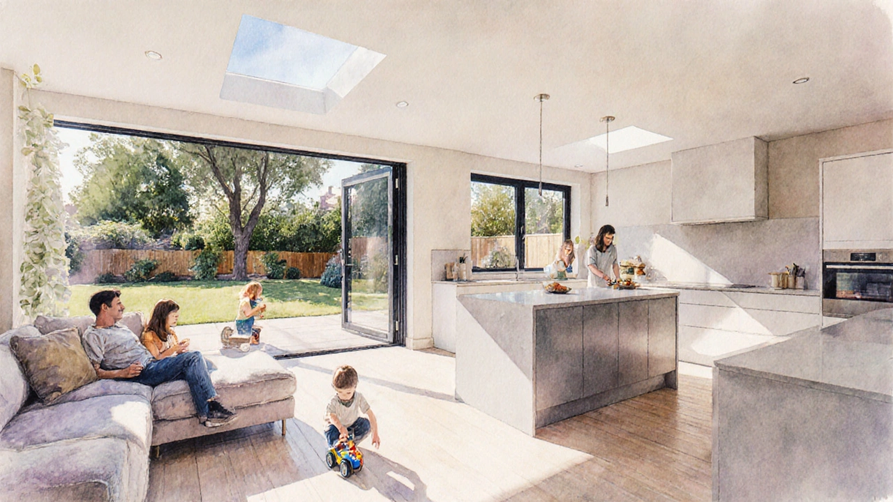 A bright, expanded living space after a home extension, with a happy family enjoying the new room.