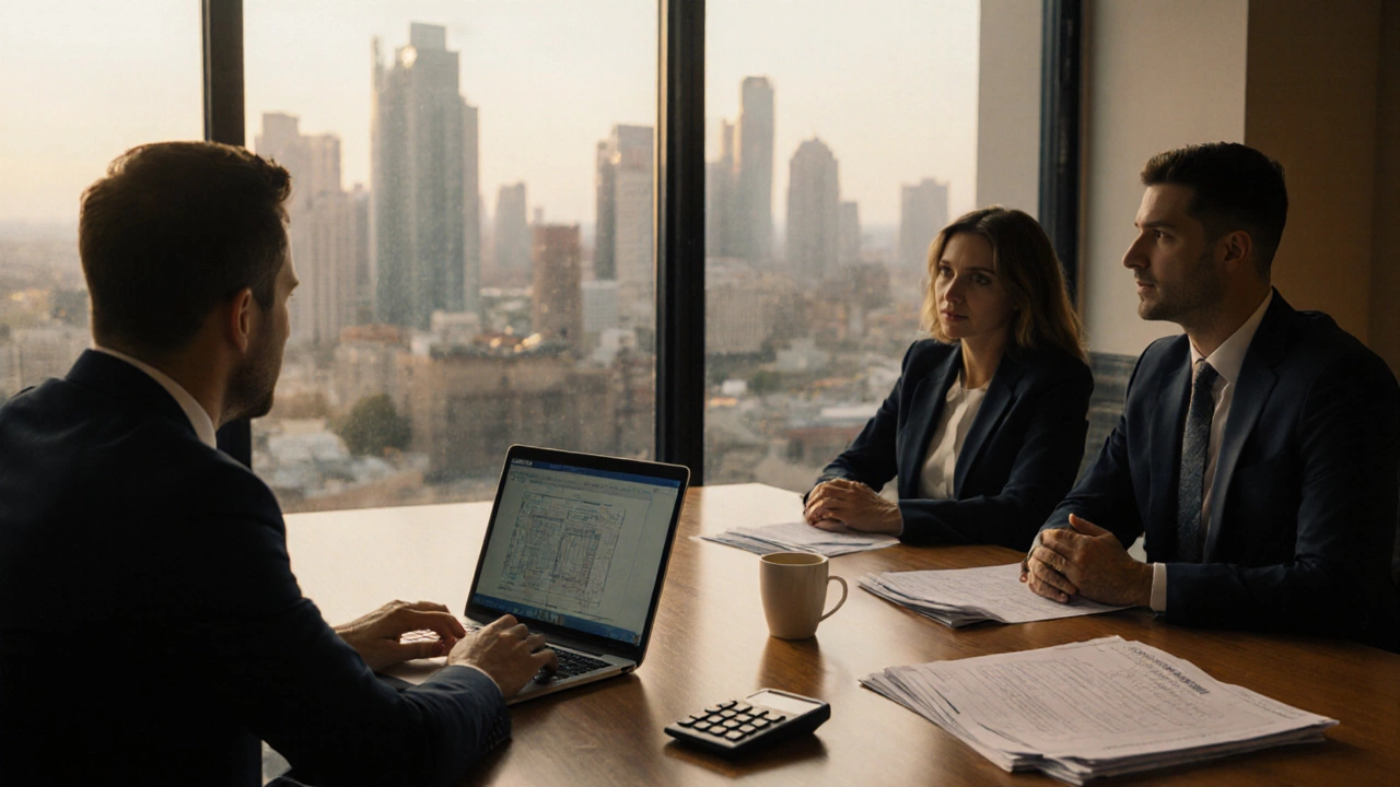 Conference room discussion with professionals reviewing permits and financial documents.