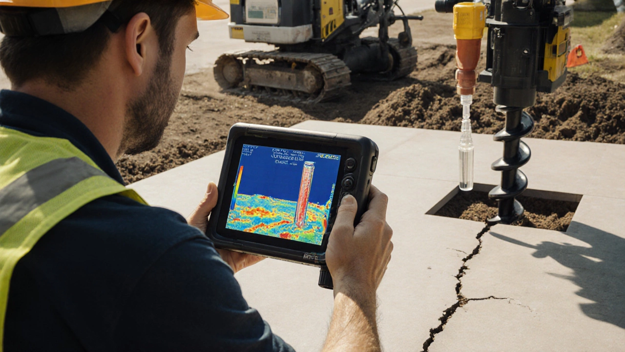 Construction crew inspecting a slab with infrared camera and injecting epoxy while a helical pier is installed.