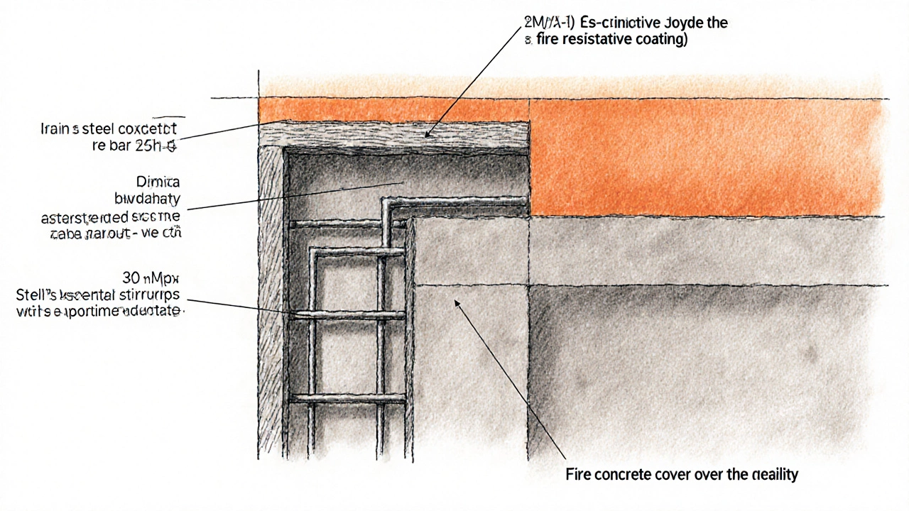 Cross‑section of a Type5 wall showing concrete, rebar, stirrups, and fire‑resistive coating.