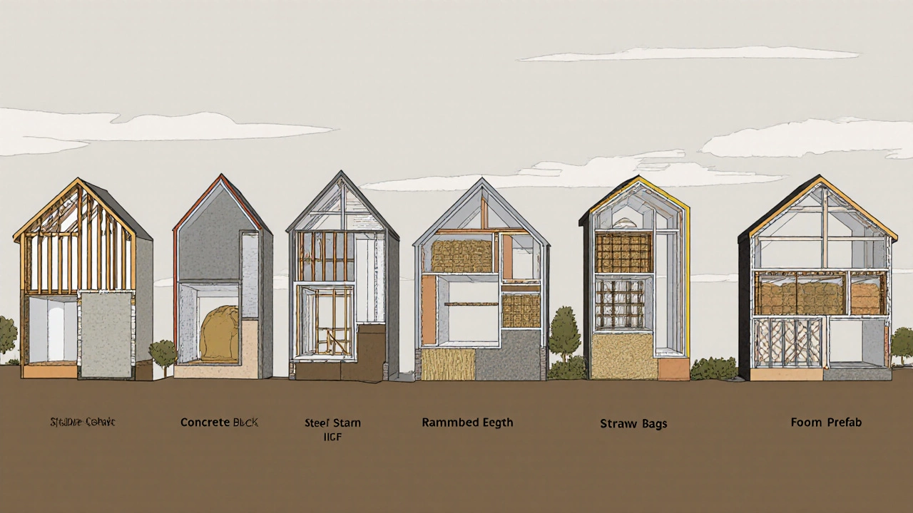 Cross‑section showing eight houses built with different construction methods.