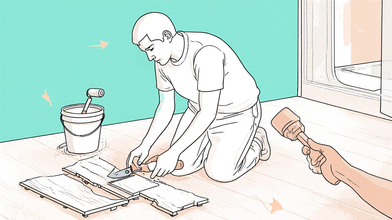 DIYer installing click‑lock vinyl flooring and painting the bathroom.