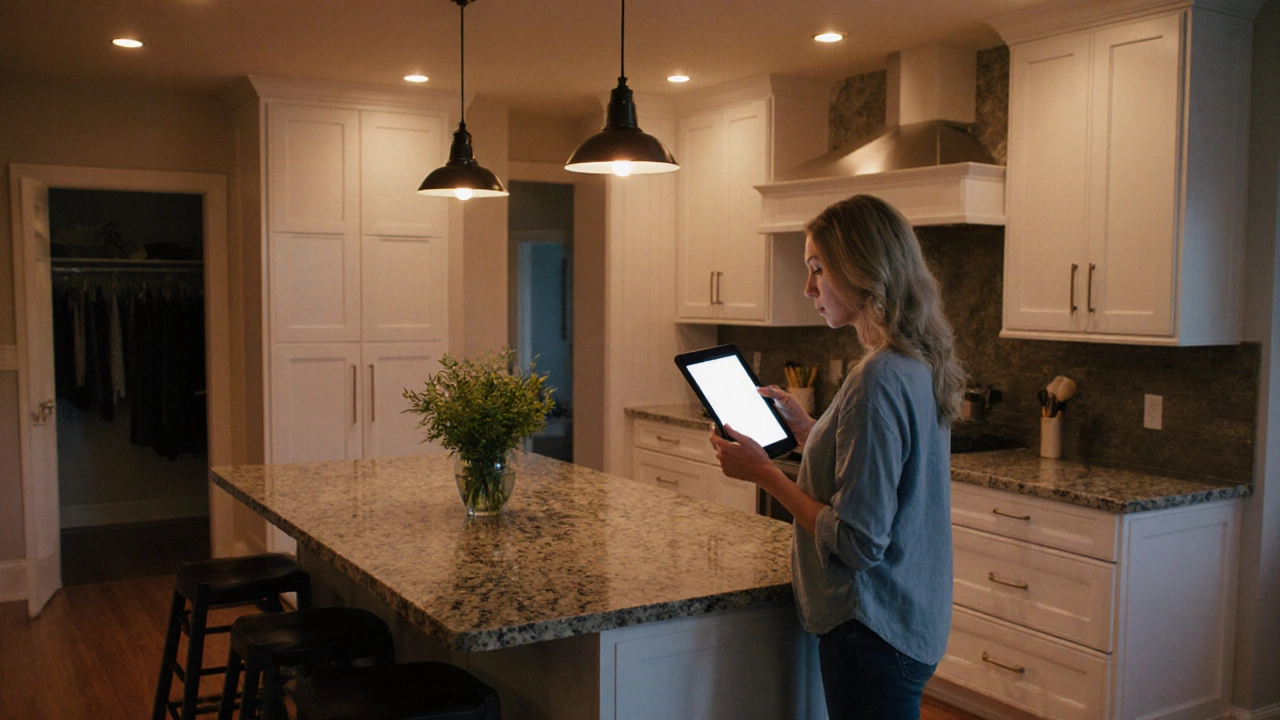 Evening view of finished modern kitchen with homeowner smiling near island.