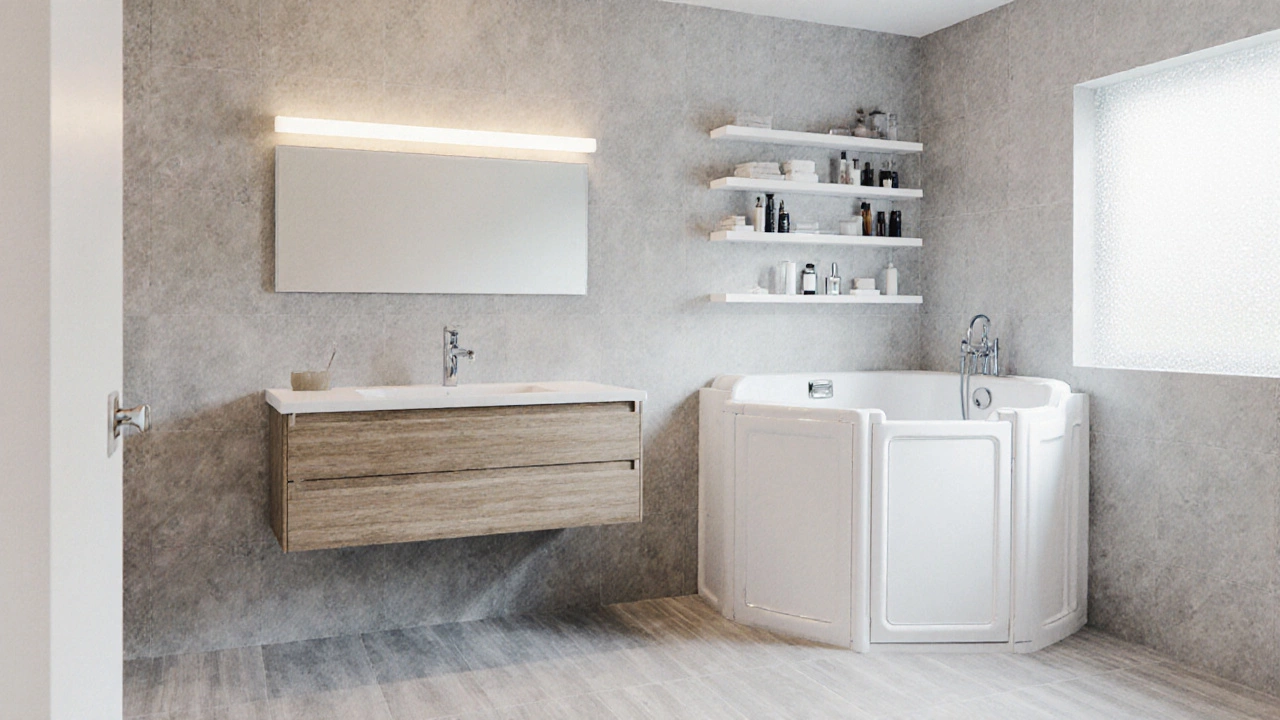 Finished budget-friendly bathroom with LED lighting, acrylic shower, and floating shelves.