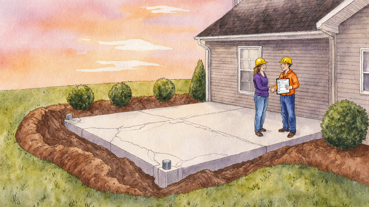 Finished foundation with smooth slab, graded lawn, homeowner and engineer reviewing the completed repair.