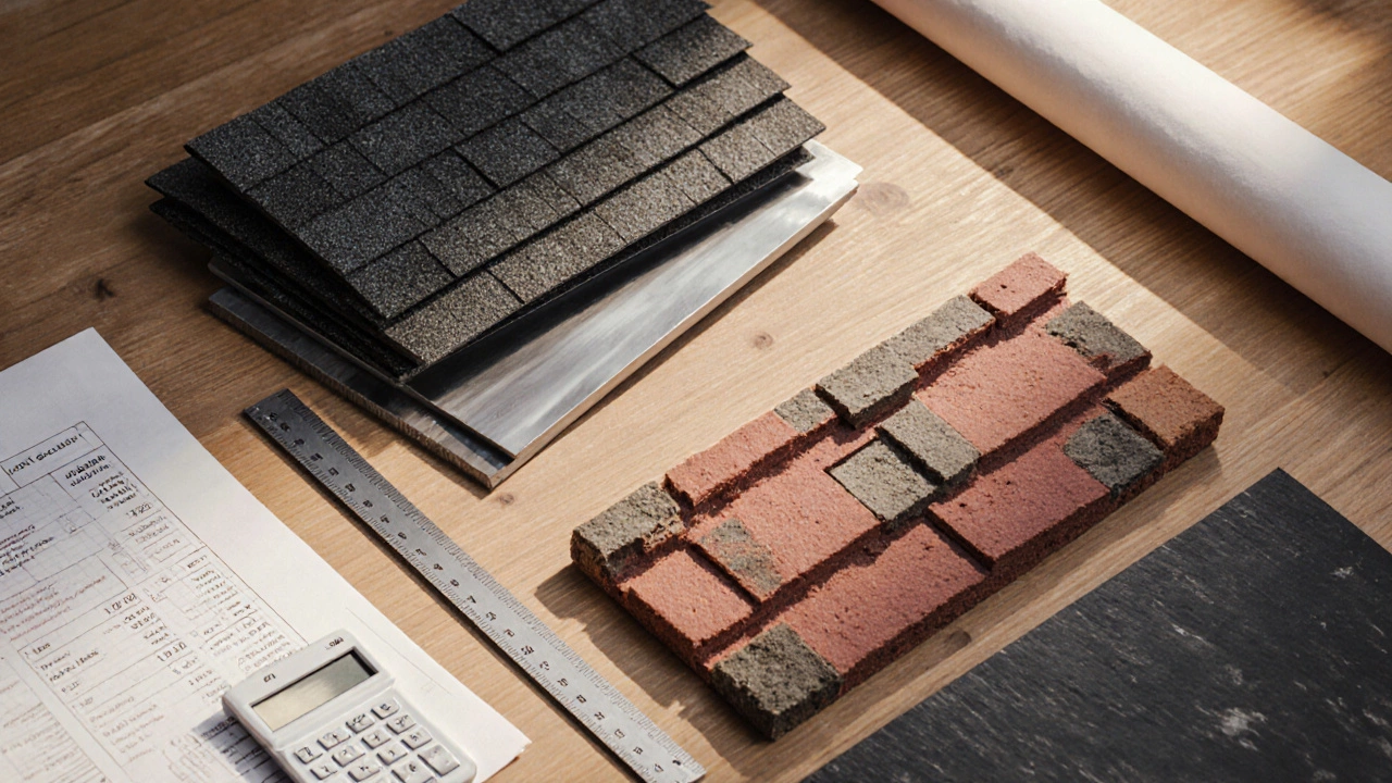 Flat lay of asphalt shingles, metal panels, concrete tiles, and slate with measurement tools.