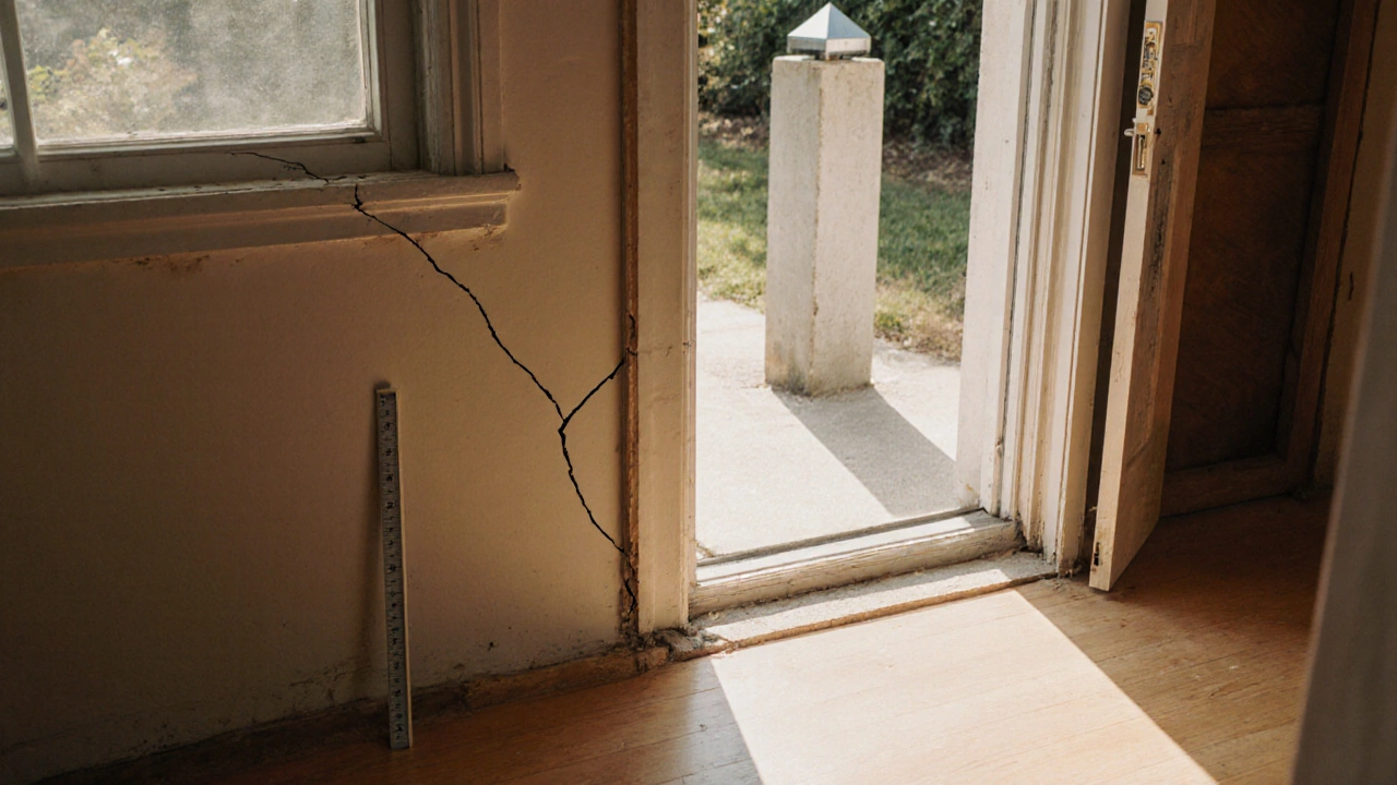 Home interior showing cracks, a sticking door, lifted floor, with a crack gauge and exterior benchmark.