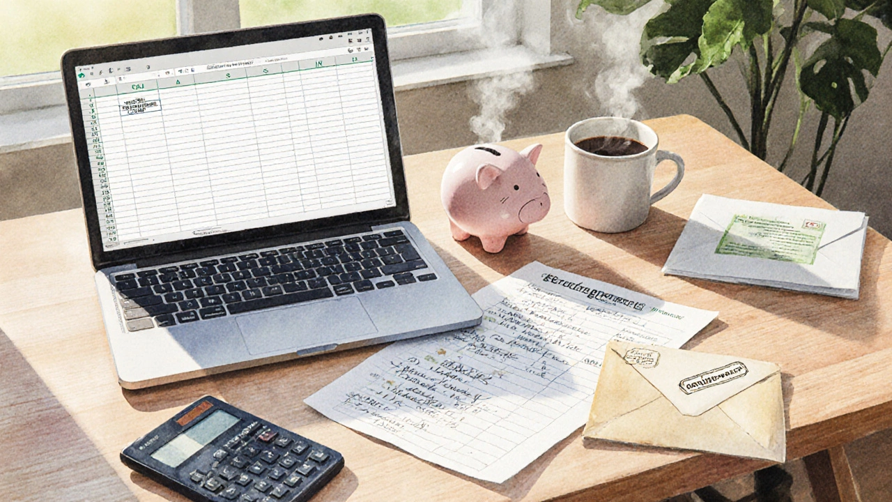 Home office desk with spreadsheet papers, calculator, piggy bank, and coffee mug.