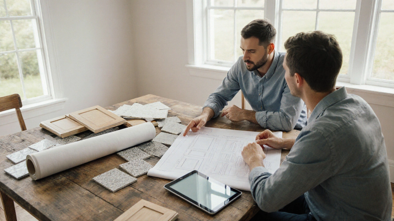 Homeowner and contractor reviewing material samples at a table for budgeting.