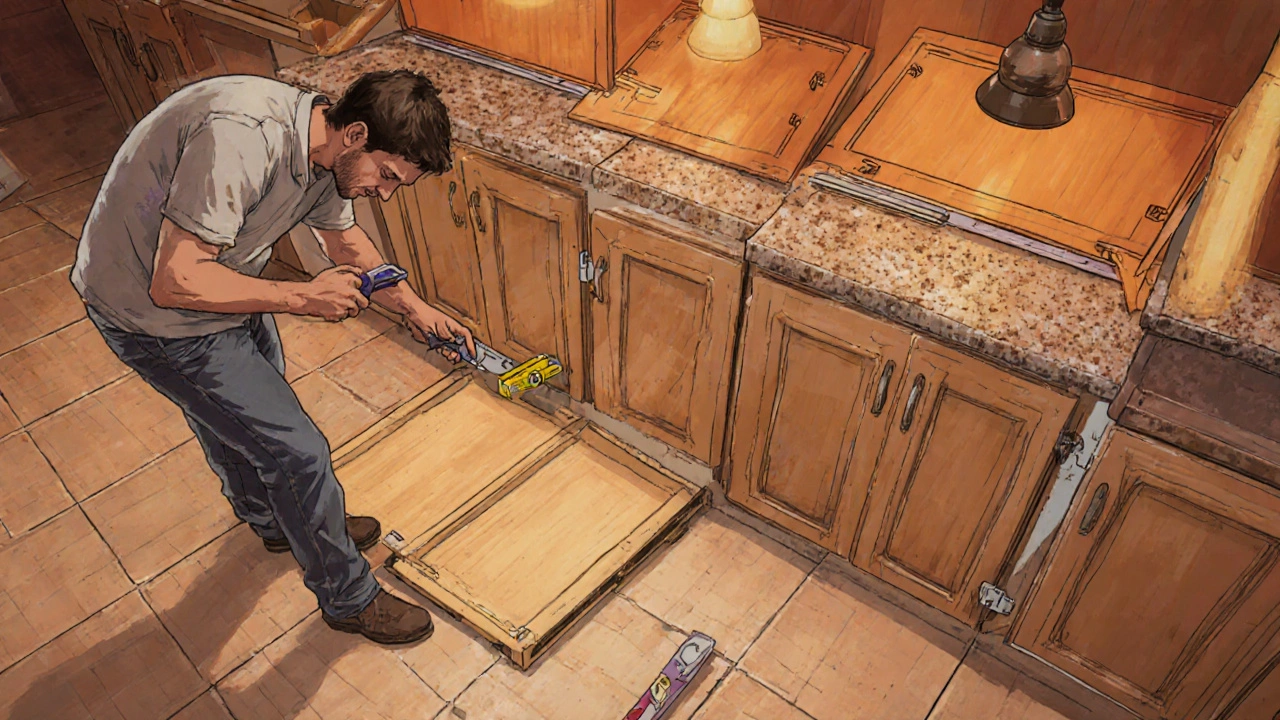 Homeowner assembling base cabinets with level and cam‑lock fasteners in a half‑finished kitchen.