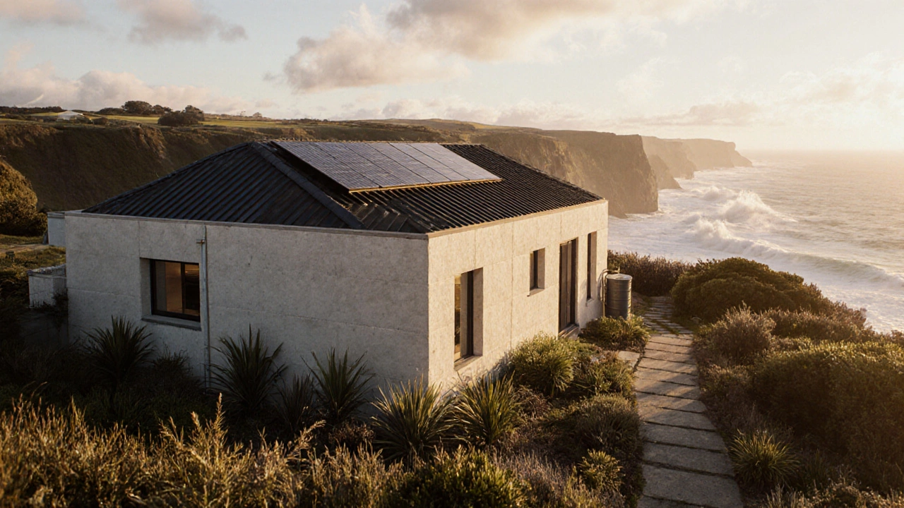 ICF house on an Auckland coastal site with solar panels and rainwater system at sunrise.