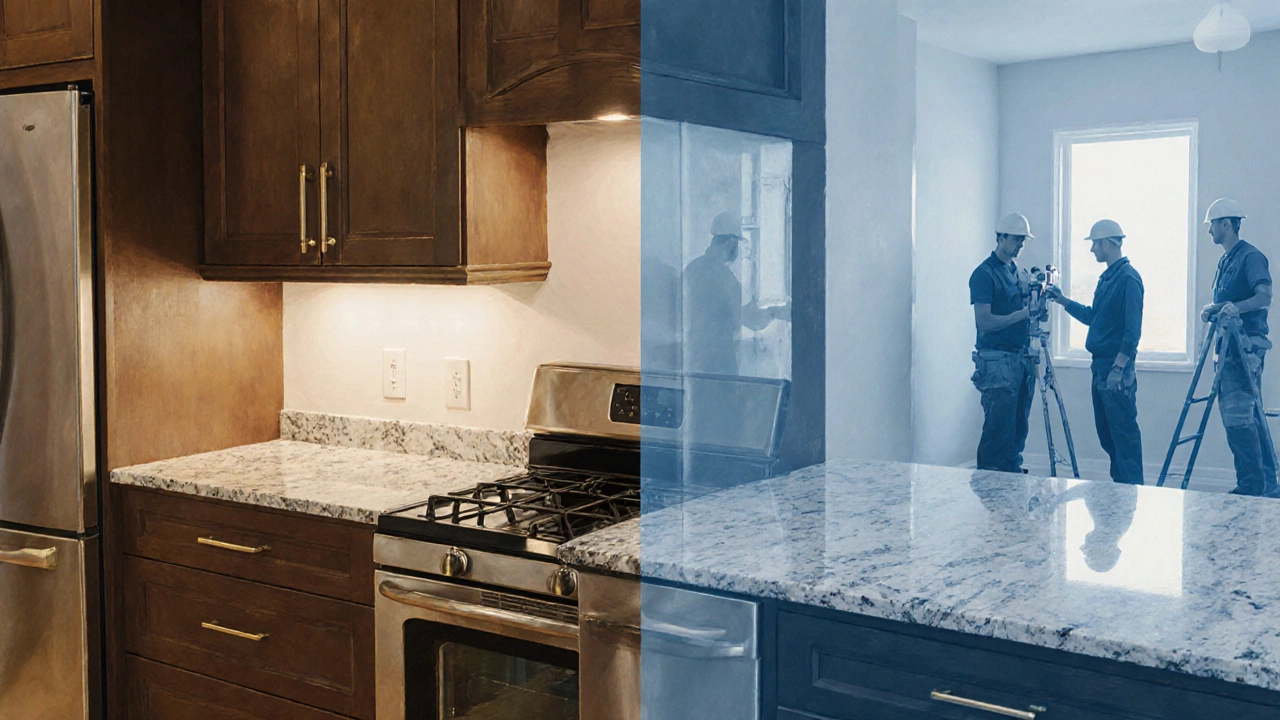 Illustrated kitchen split view highlighting cabinets, countertops, appliances, and tradespeople.