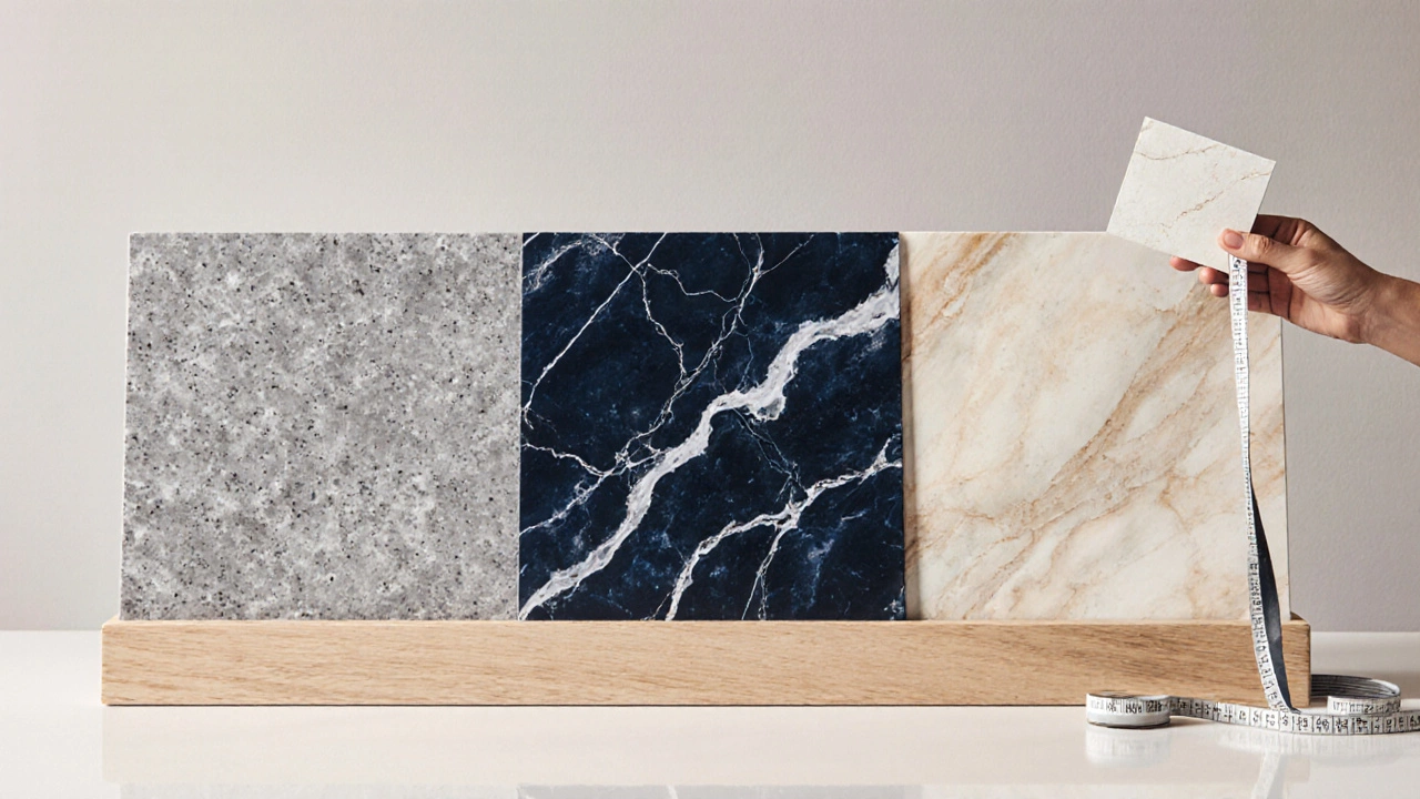 Illustration of three countertop materials with a designer's hand measuring.