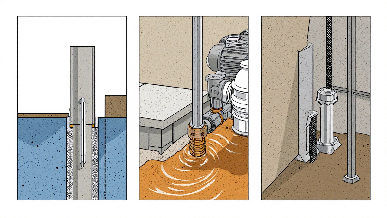 Illustration of underpinning, slab jacking, and wall anchoring methods in three panels.