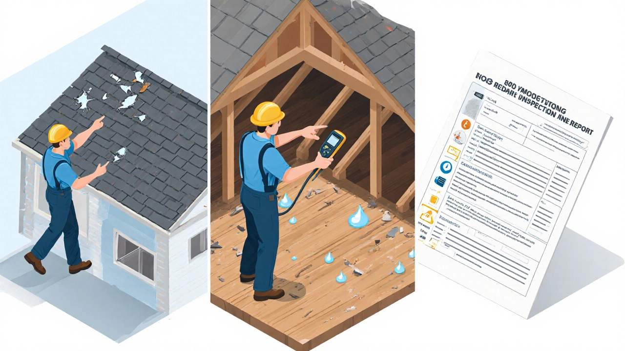 Isometric illustration of a roof inspection showing exterior check, attic moisture test, and report.