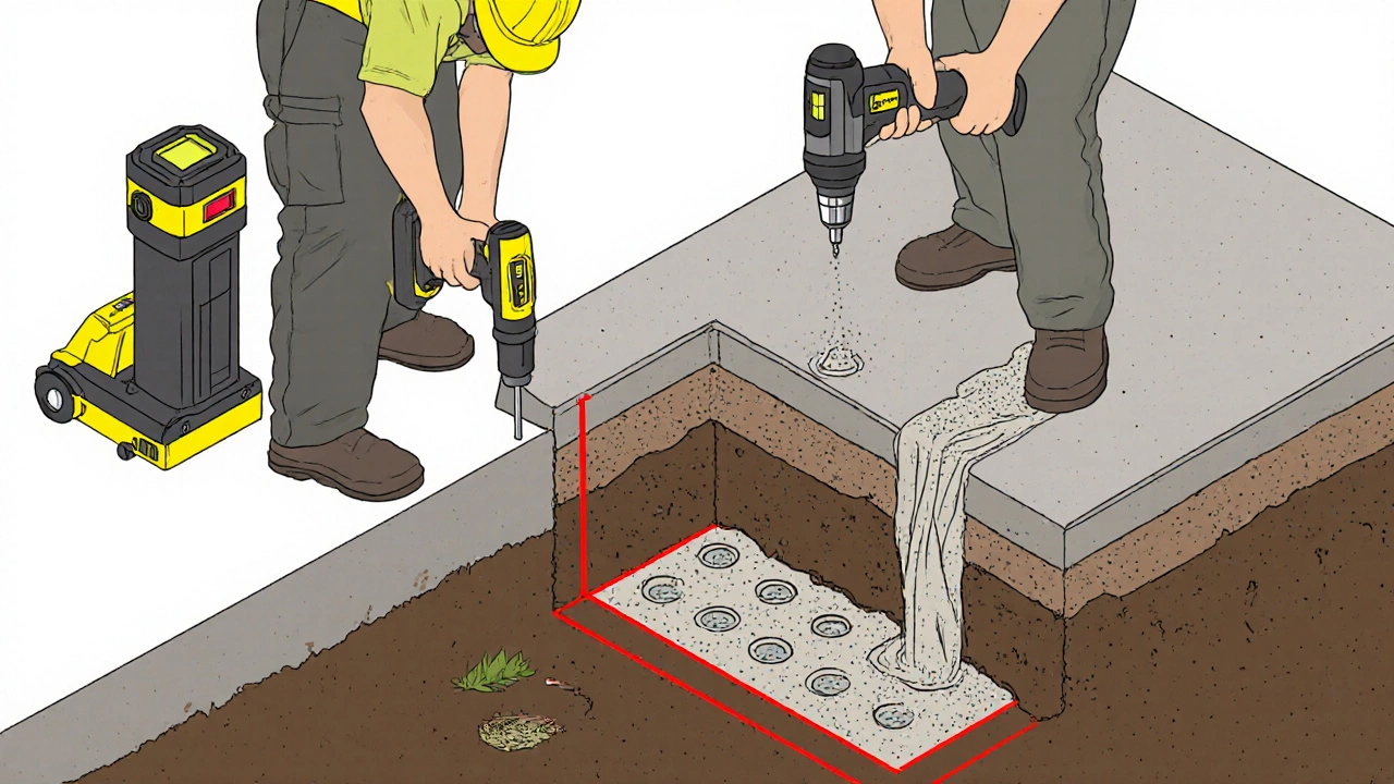 Isometric illustration of slab jacking with hydraulic jack, drilled holes, and slurry pump.
