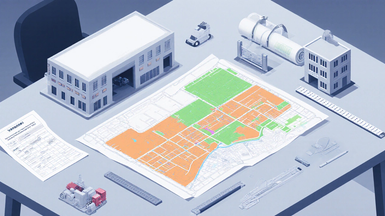Isometric planner desk with zoning map, building model showing loading bay and parking.