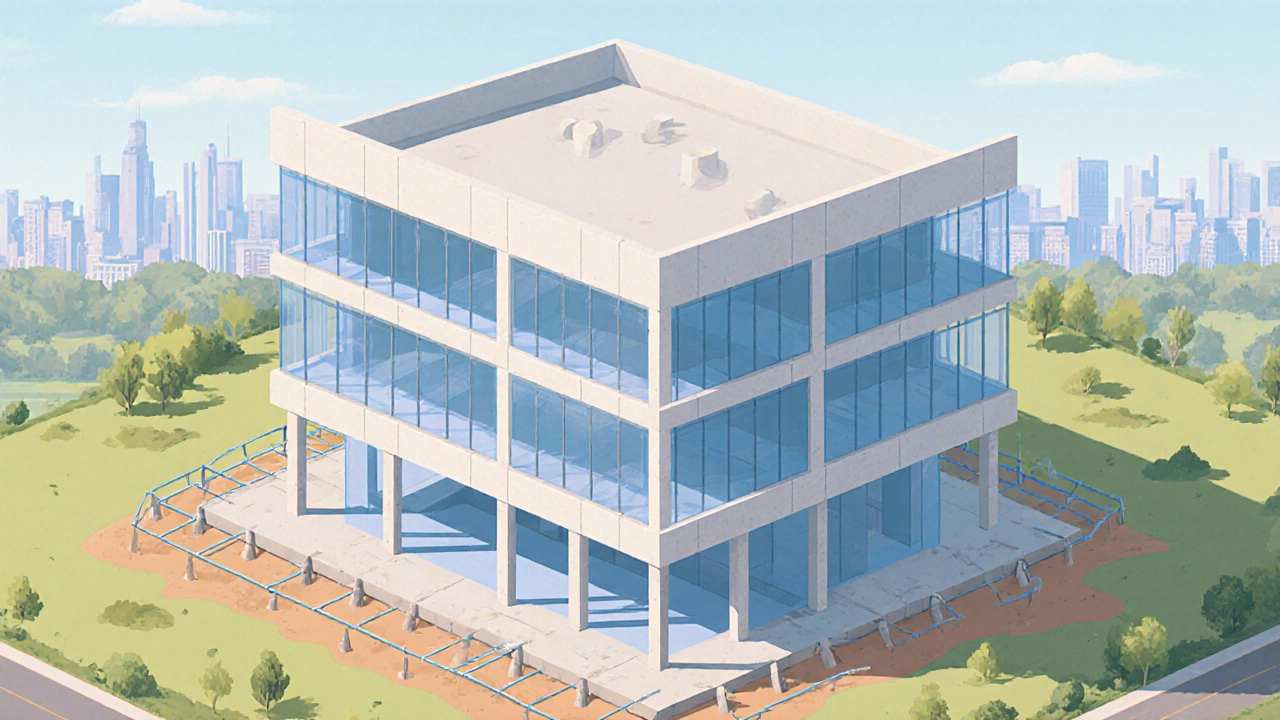 Isometric view of a multi‑storey office building with open interior and concrete load‑bearing walls.