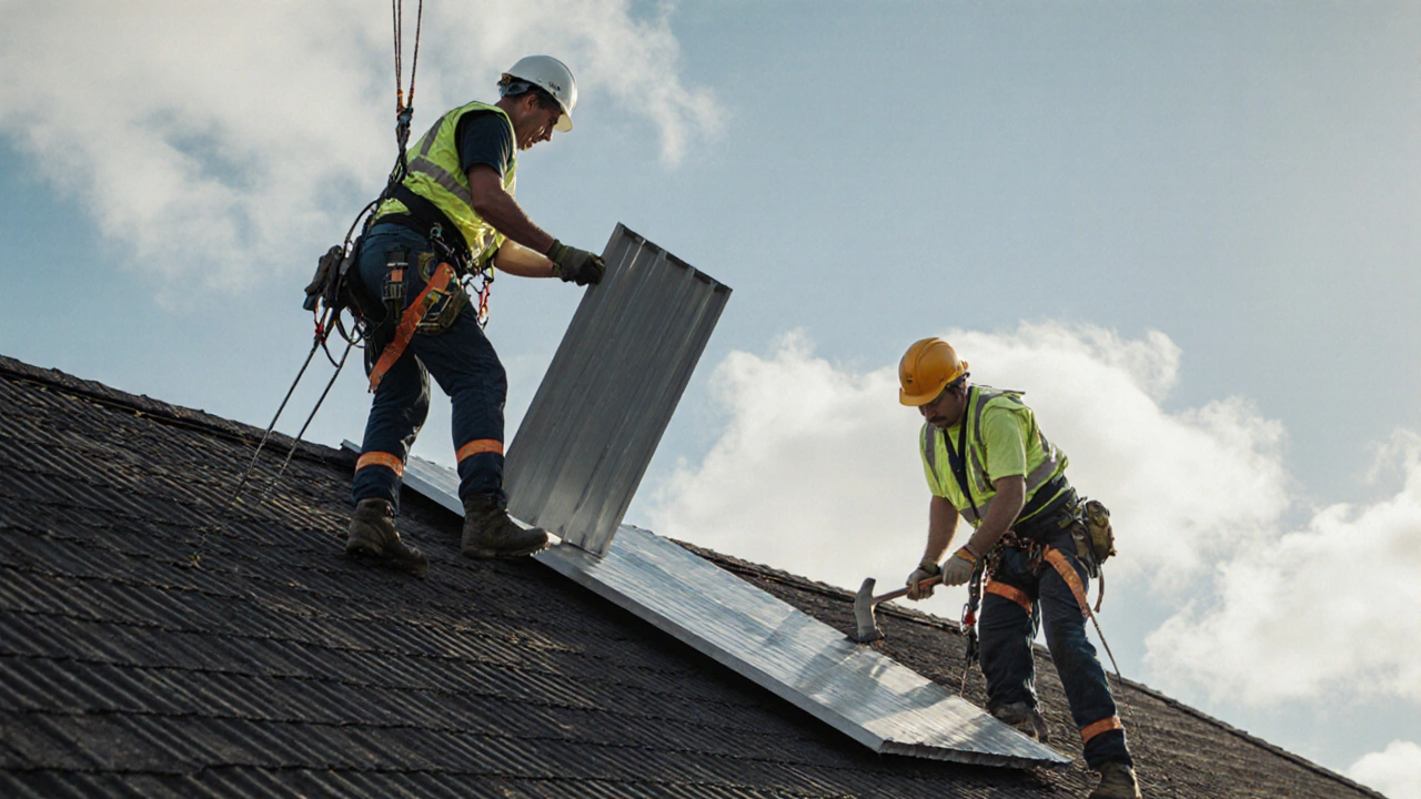 Professional roofers on a steep roof using harnesses and safety gear in bright daylight.