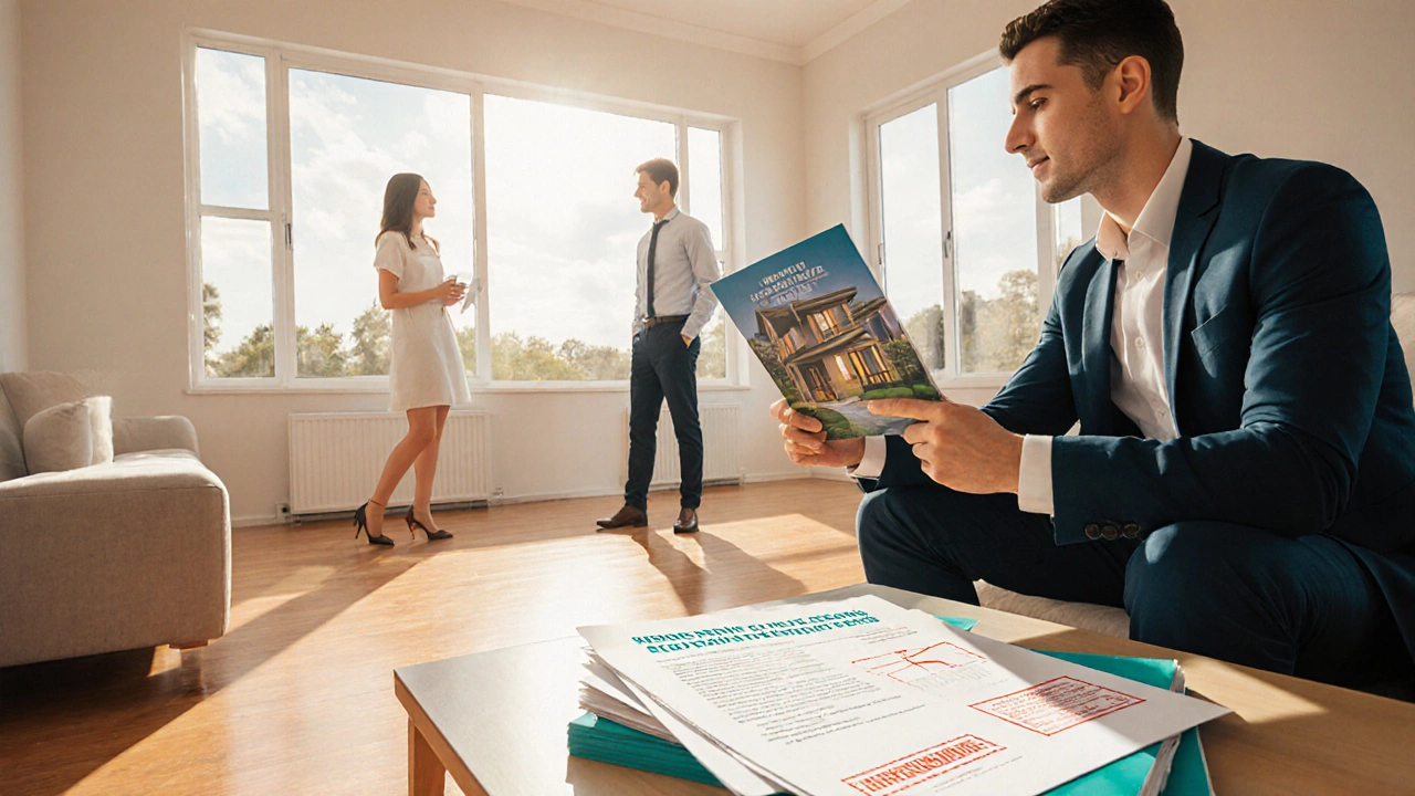 Real estate agent showing brochure to couple in a bright, repaired living room.
