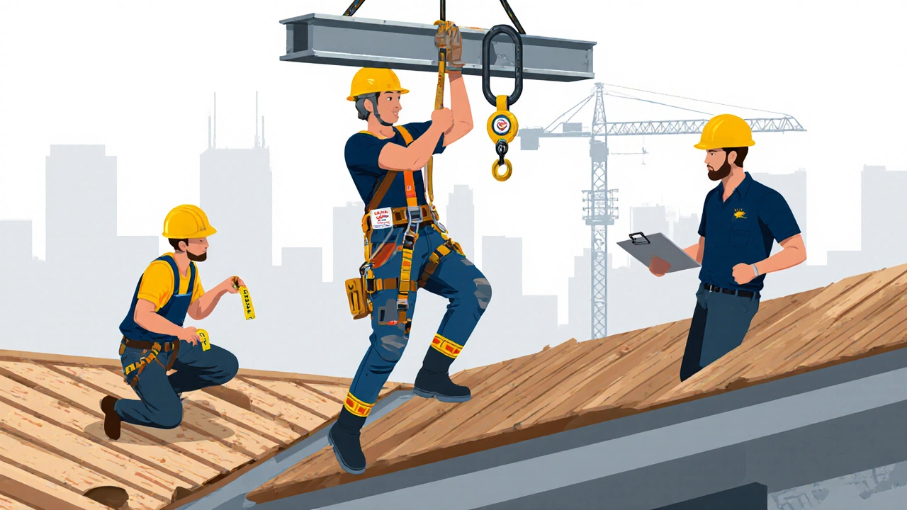 Roofing crew with rigger, decker, and supervisor working on a steep roof.