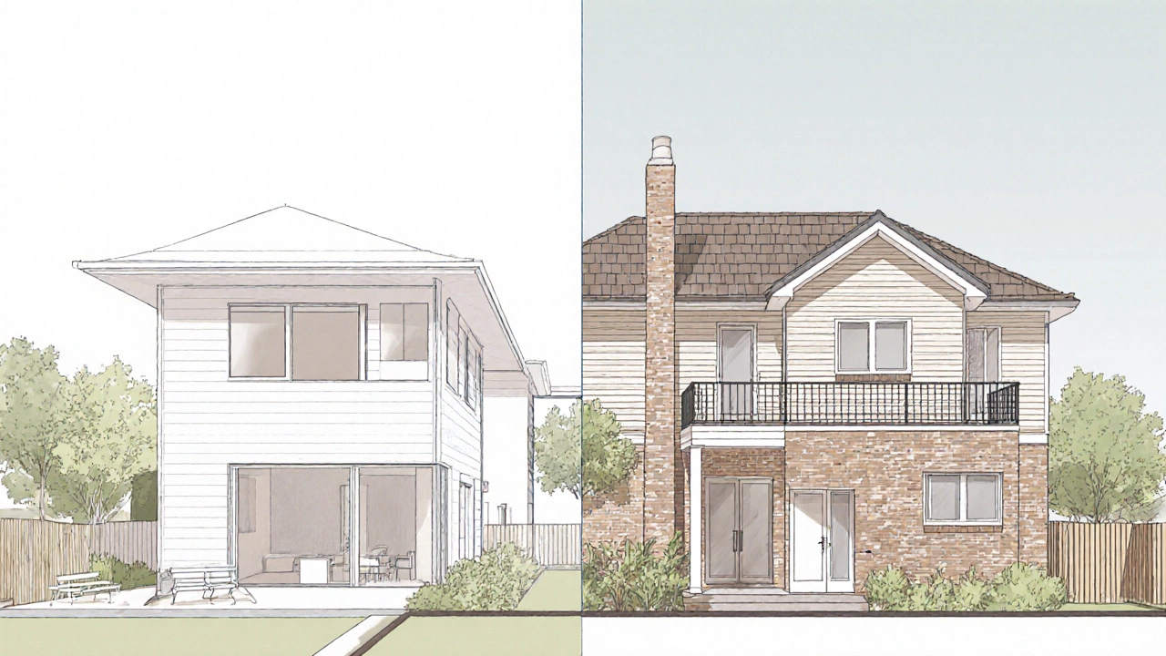 Side‑by‑side view of a house with a ground‑floor addition on the left and a second‑storey addition on the right.