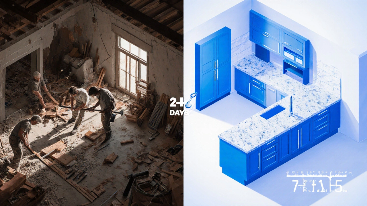 Split‑screen illustration contrasting a messy traditional build with a clean, finished dry‑fit kitchen.