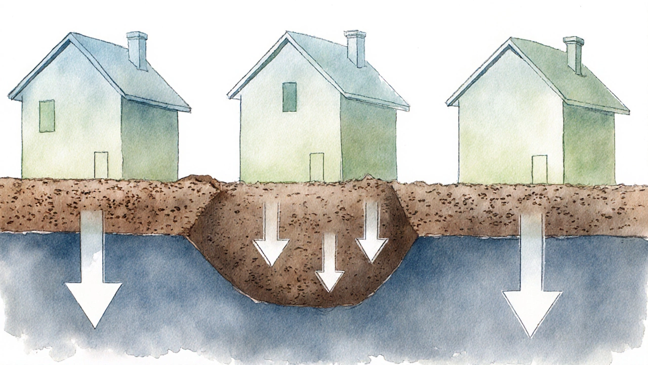 Three house silhouettes showing progressive sinking into ground to illustrate settlement stages.