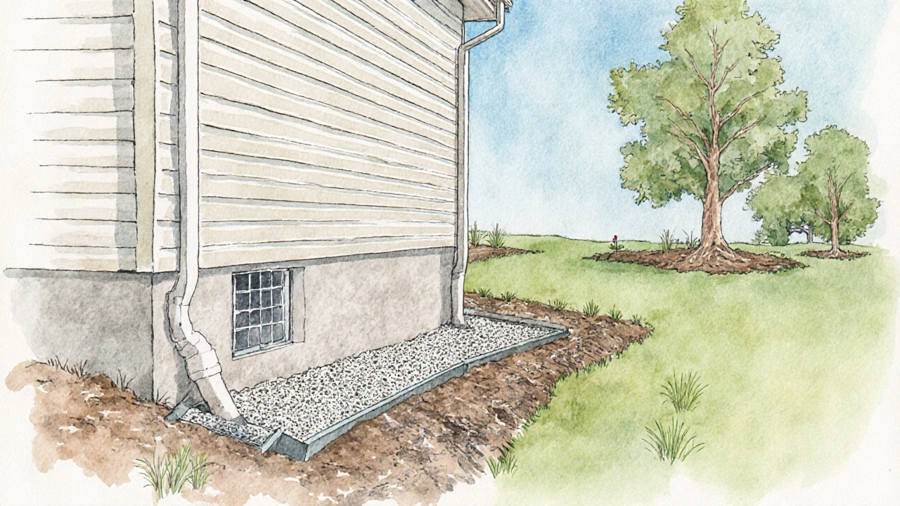 Watercolor scene of gutters, French drain, moisture barrier, and spaced trees protecting a house.