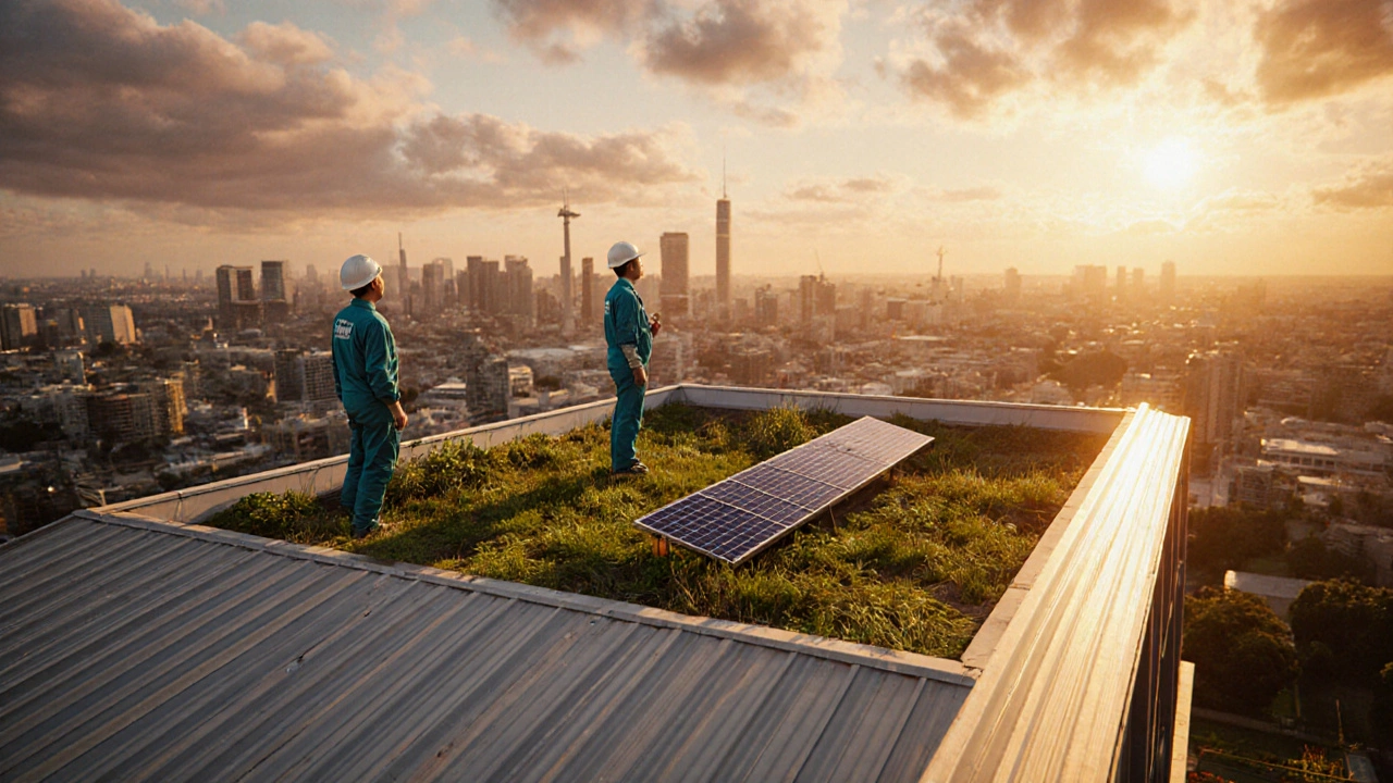 Workers installing green roof with metal panels and solar panels on a high-rise.